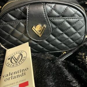 Valentino Orlandi Black Crossbody Bag with Quilted Design and Gold Hardware
